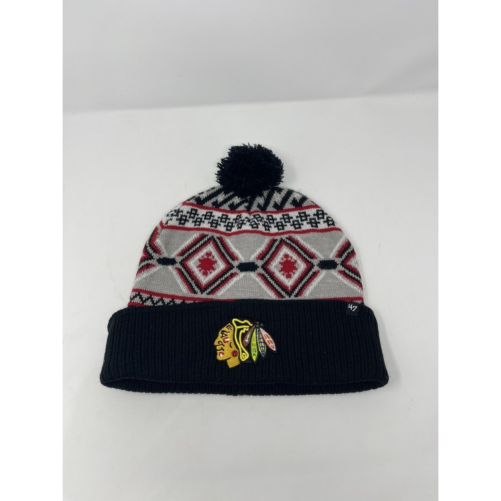 47'‎ Brand NHL Chicago Black Hawks Winter Pom Cuff Knit Hat Cap Beanie OSFA